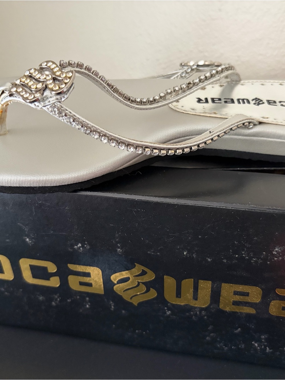 Rocawear Y2K Silver Rhinestone Wavy-Strap Women's Sandals
